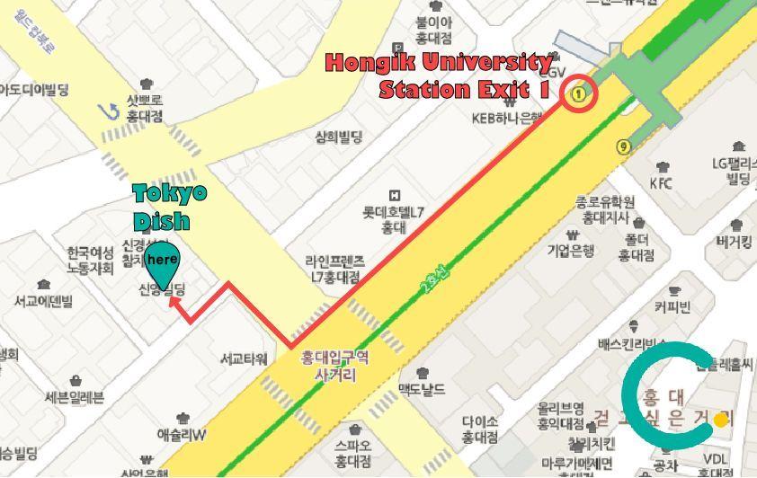 Хонгик Их сургуулийн буудлын I гарахаас Токиогийн хоолны газар хүрэх бөгөөд Солонгос байрлалтай газрын зураг, маршрут - киберная зураг